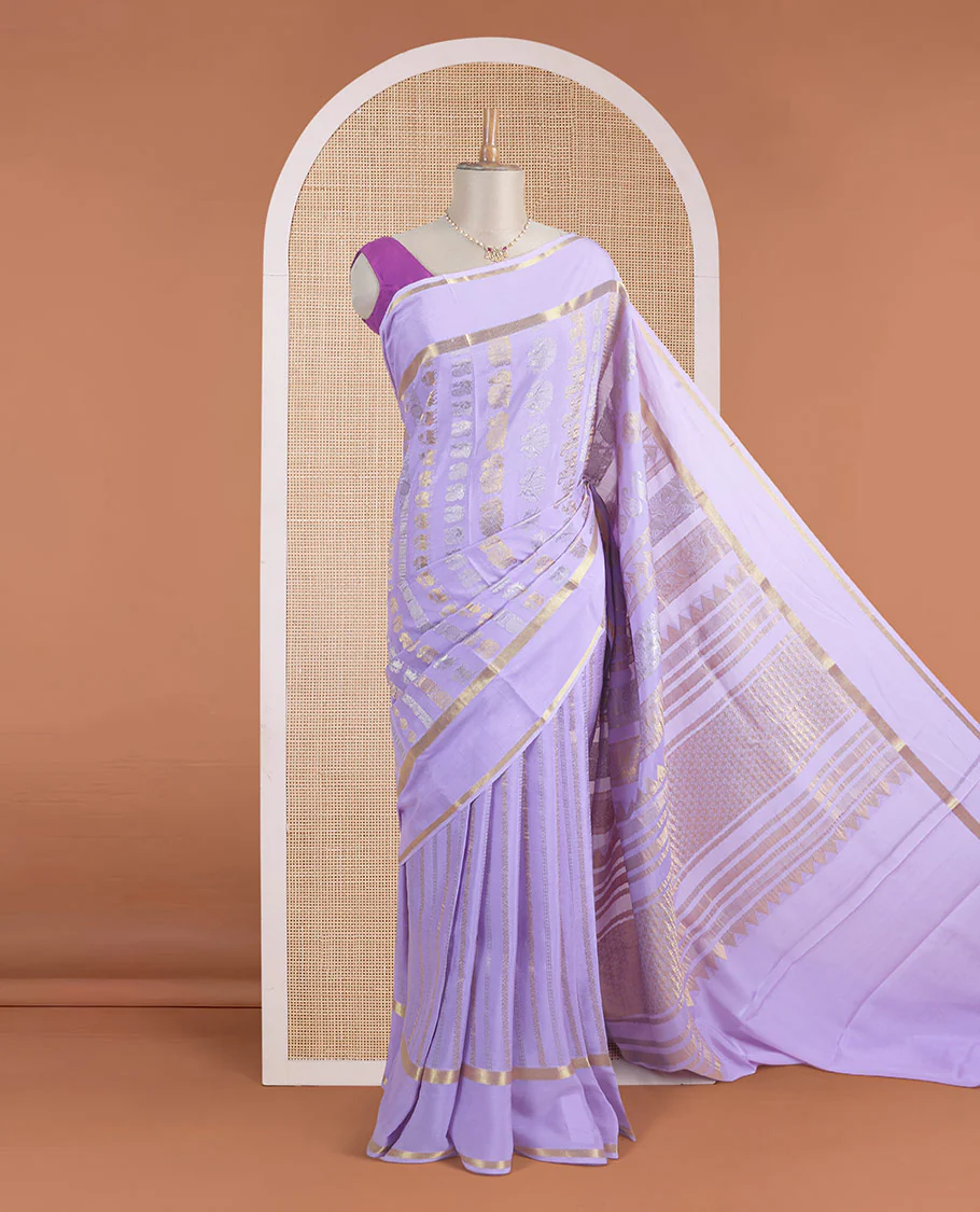 Lavender yaali, peacock and zari buttas woven Mysore silk saree, rettai pettu traditional zari border, and jaal pallu - Image 2
