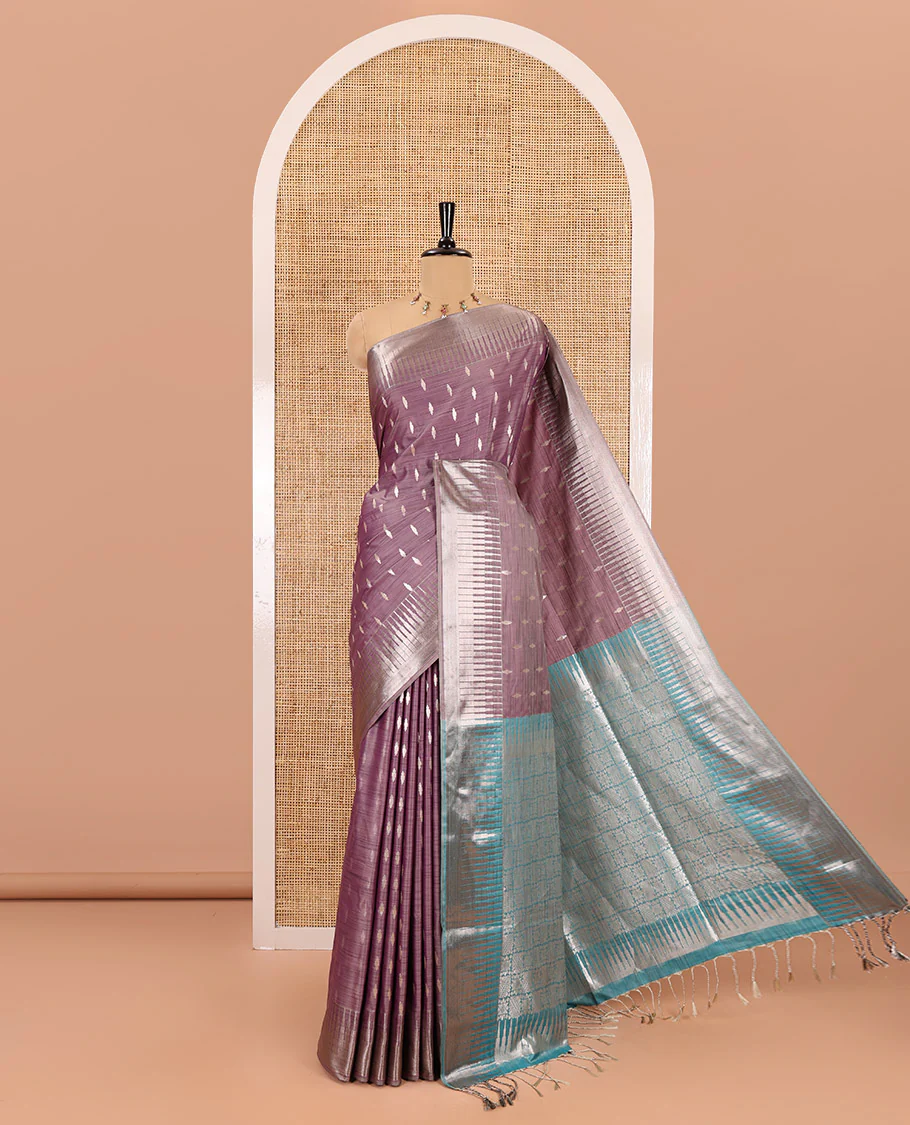 Lavender zari buttas woven Luxury soft silk saree, temple zari border, contrast pallu of intricate zari designs, and zari design blouse