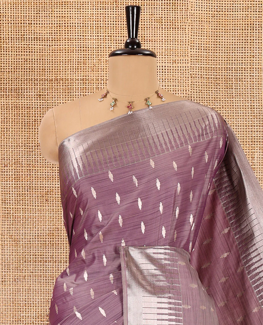 Lavender zari buttas woven Luxury soft silk saree, temple zari border, contrast pallu of intricate zari designs, and zari design blouse - Image 2