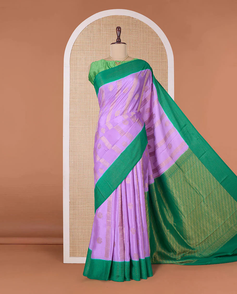 Lavender zari design Mysore silk saree, contrast zari border, and pallu of diagonal stripes woven in zari - Image 2