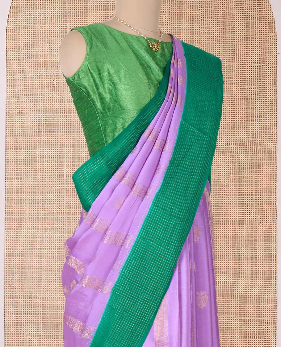 Lavender zari design Mysore silk saree, contrast zari border, and pallu of diagonal stripes woven in zari - Image 3