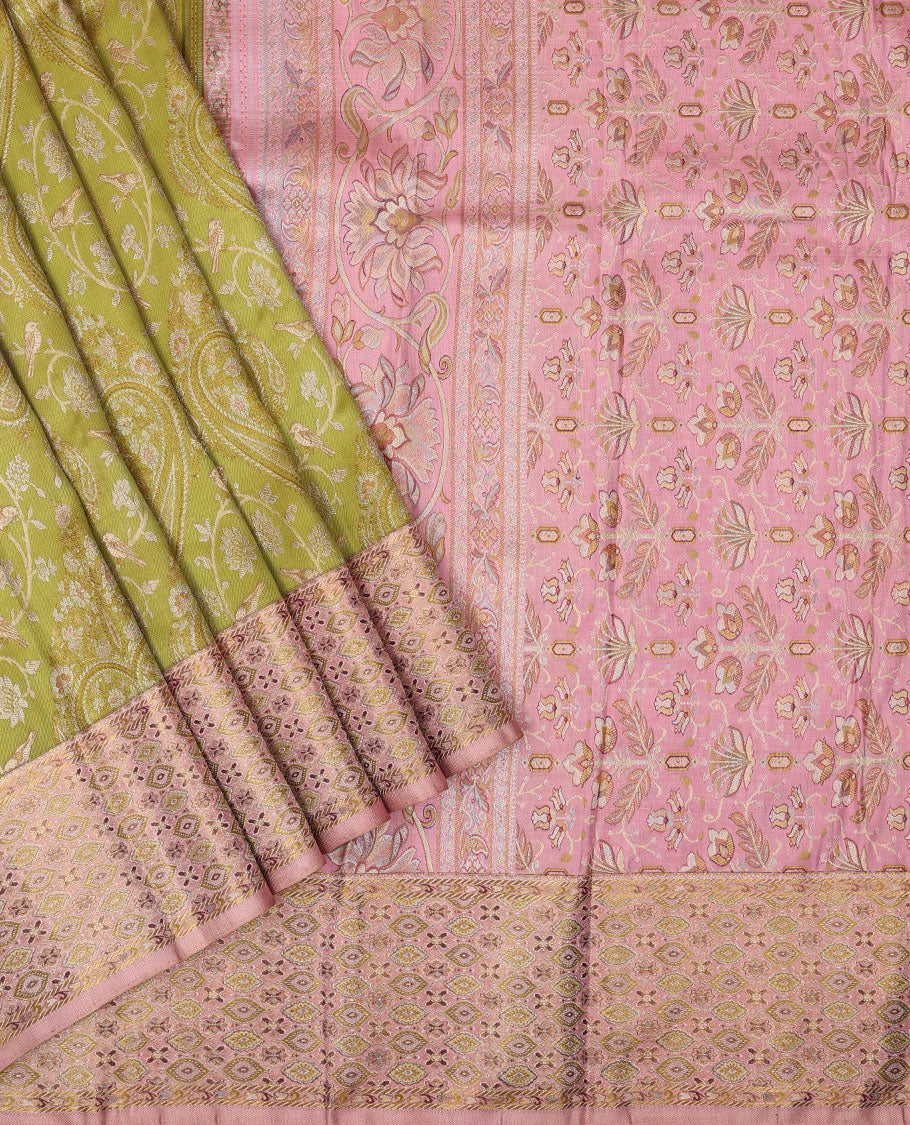 Leaf green meenakari jacquard Samudrika silk saree, contrast meenakari floral-ogee border & pallu of floral meenakari design pallu - Image 2