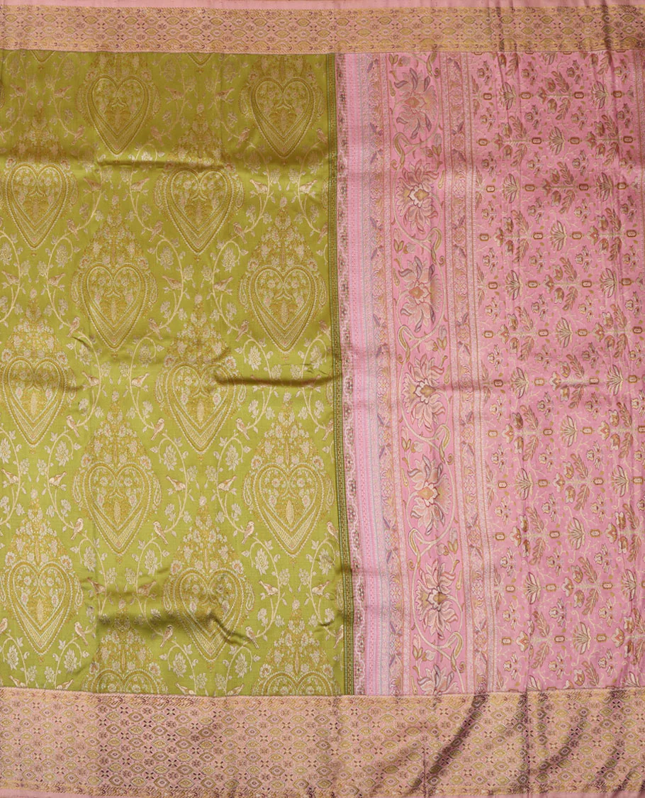 Leaf green meenakari jacquard Samudrika silk saree, contrast meenakari floral-ogee border & pallu of floral meenakari design pallu - Image 3