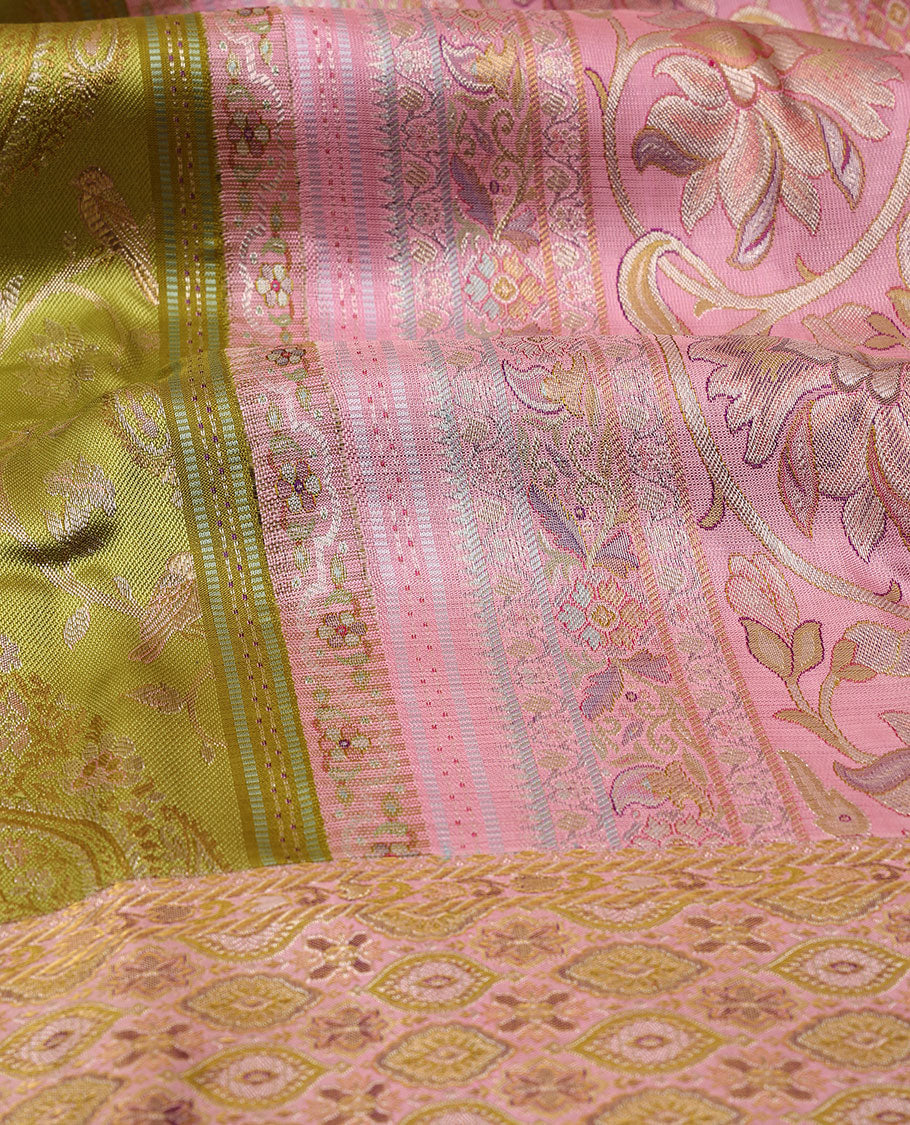 Leaf green meenakari jacquard Samudrika silk saree, contrast meenakari floral-ogee border & pallu of floral meenakari design pallu - Image 5