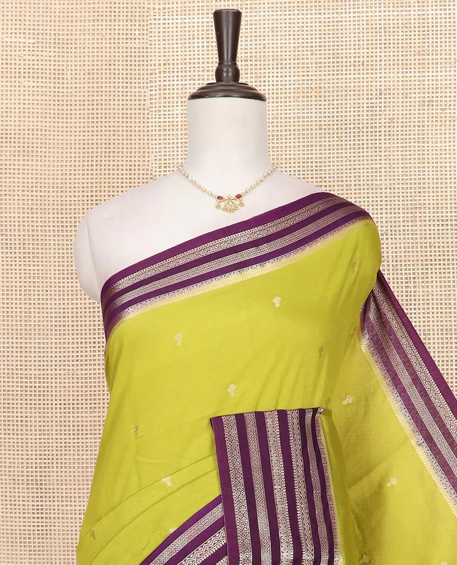 Leaf green zari buttas Assam silk saree, contrast traditional zari design border, and pallu of zari stripes and buttas - Image 2