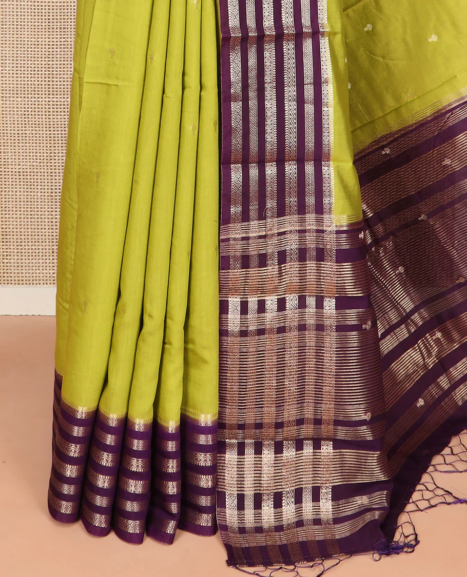 Leaf green zari buttas Assam silk saree, contrast traditional zari design border, and pallu of zari stripes and buttas - Image 3