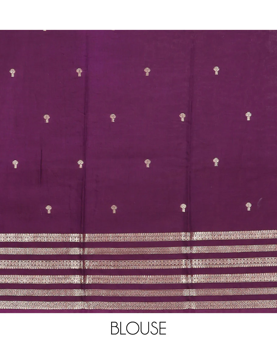Leaf green zari buttas Assam silk saree, contrast traditional zari design border, and pallu of zari stripes and buttas - Image 4