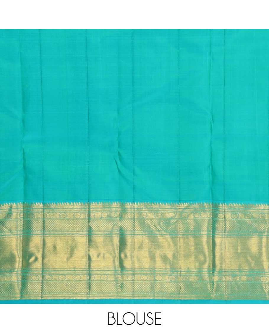 Leaf green zari buttas checked Kanchipuram silk saree, contrast border of ara bogudi,chakram and kuyil kann and jaal pallu - Image 6
