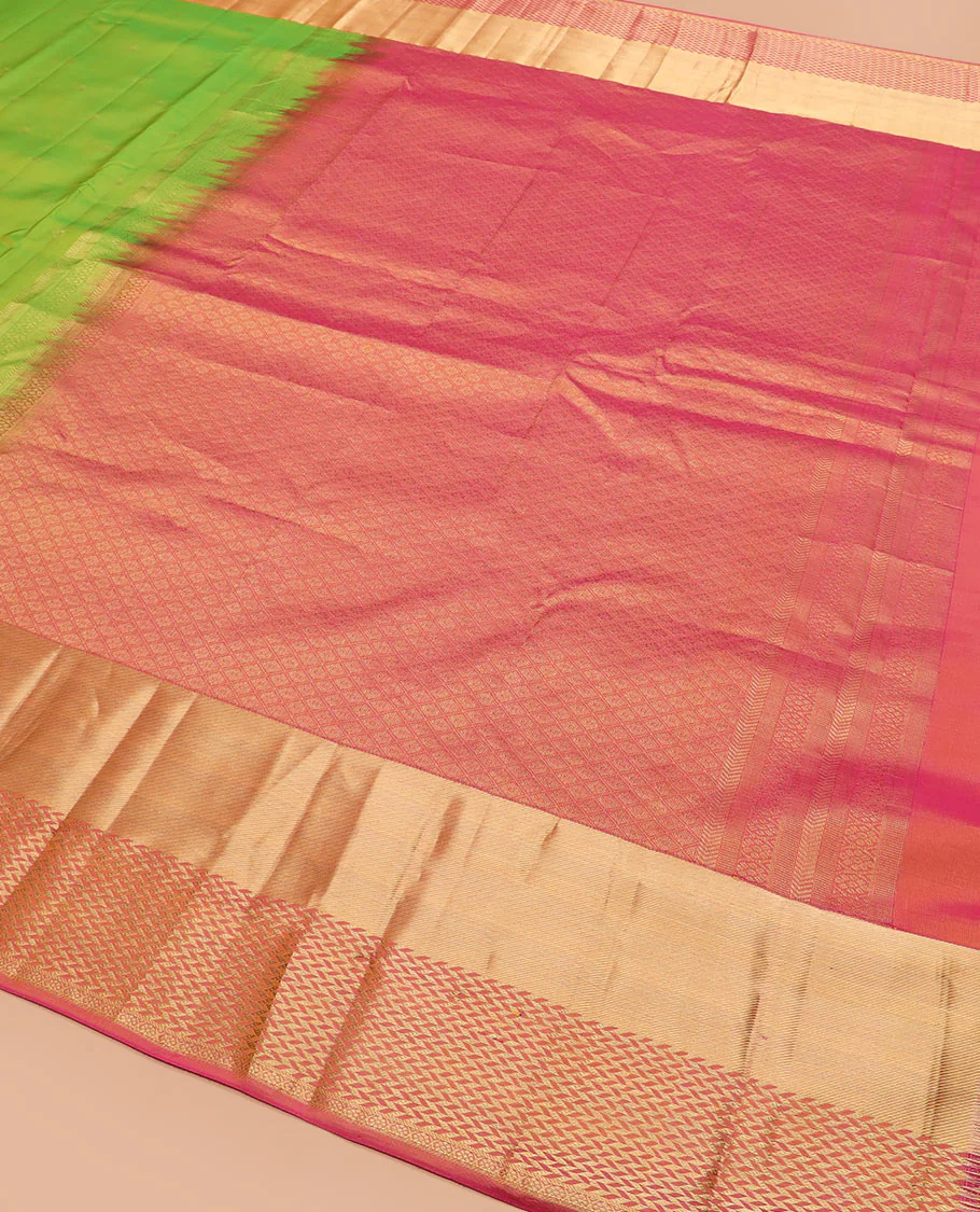 Leaf green zari buttas Vasundhara silk saree, contrast zari border of vanki designs, and jaal pallu - Image 5