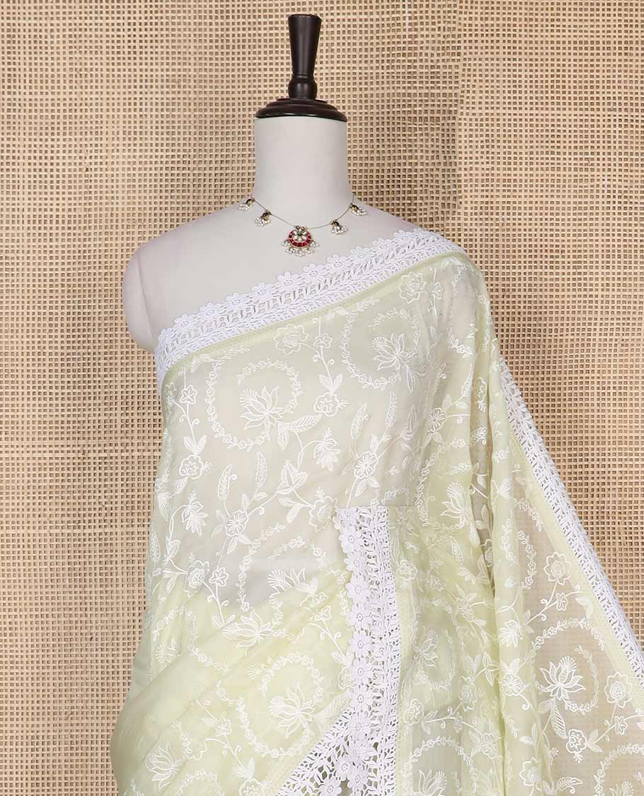 Lemon yellow floral design organza saree with lace border - Image 3