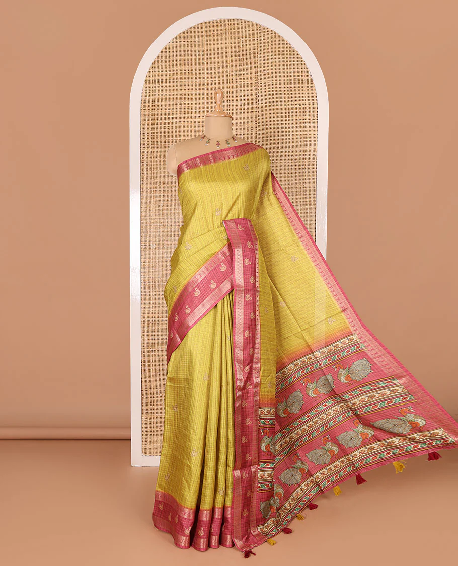 Lemon yellow micro-checked and swan motifs katan silk saree, contrast traditional zari border of swan motifs, printed pallu, and contrast buttas blouse
