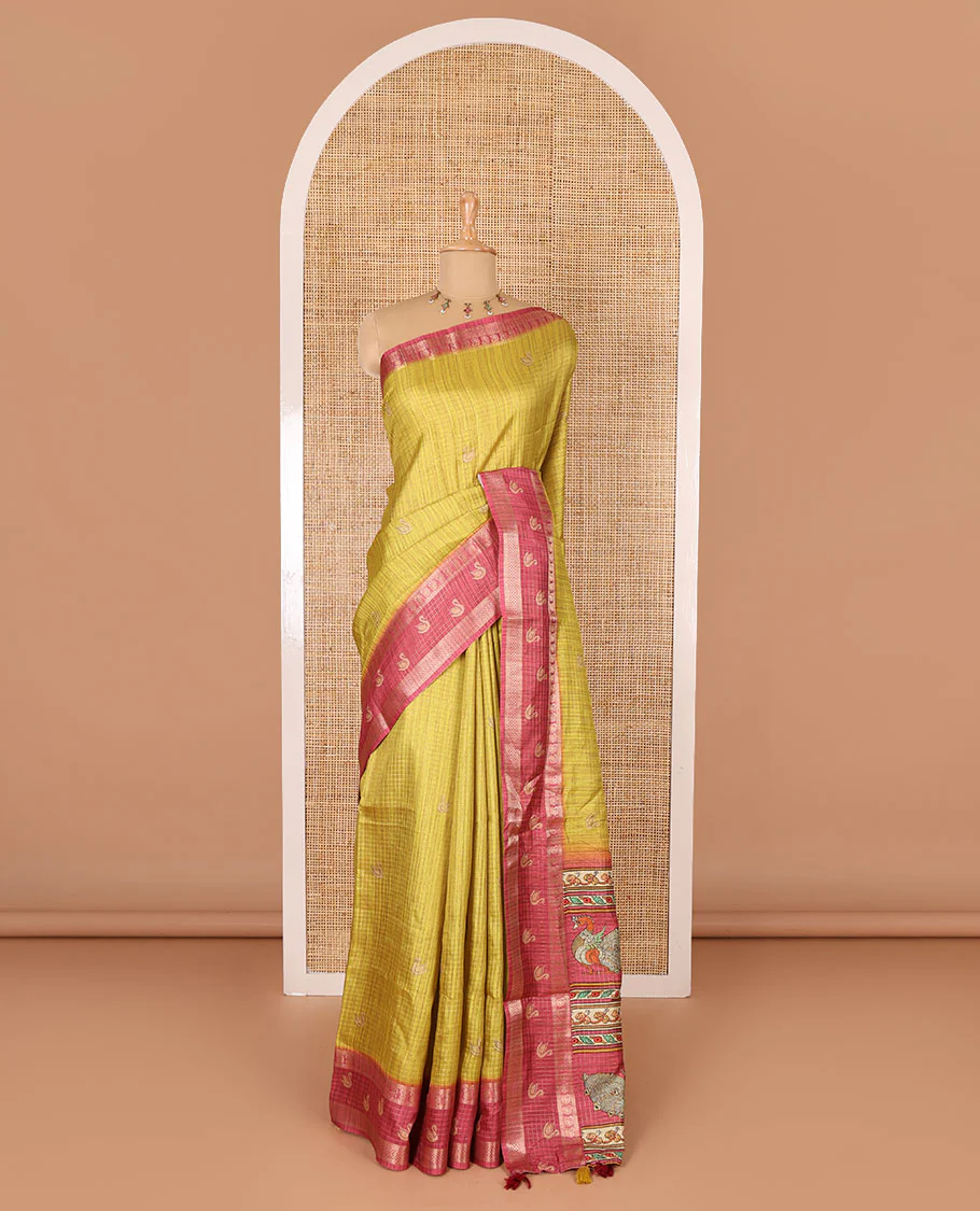 Lemon yellow micro-checked and swan motifs katan silk saree, contrast traditional zari border of swan motifs, printed pallu, and contrast buttas blouse - Image 2