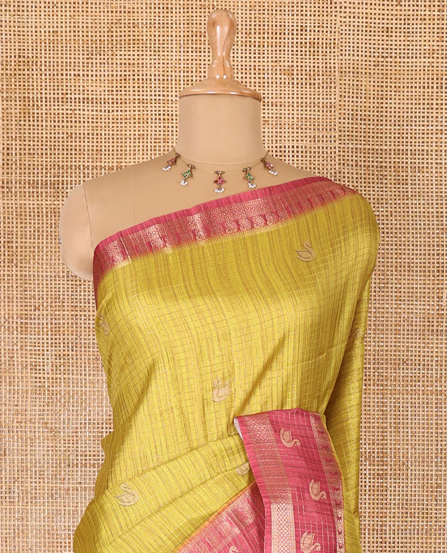 Lemon yellow micro-checked and swan motifs katan silk saree, contrast traditional zari border of swan motifs, printed pallu, and contrast buttas blouse - Image 3