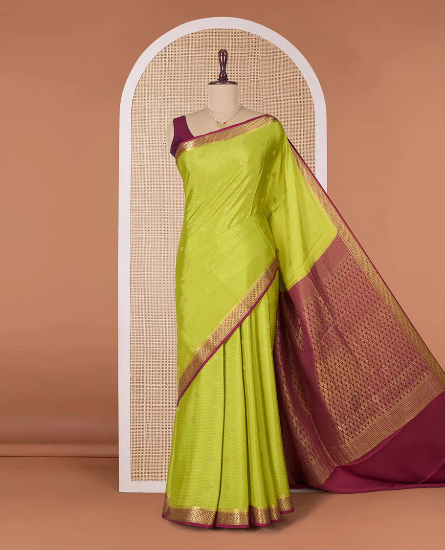 Lemon yellow zari striped and zari buttas Mysore silk saree, contrast jaal zari border, pallu of jaal design - Image 2