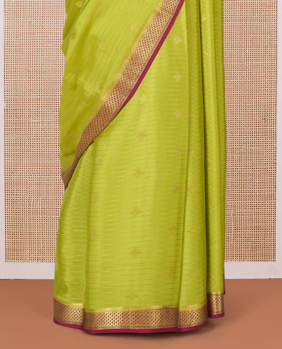 Lemon yellow zari striped and zari buttas Mysore silk saree, contrast jaal zari border, pallu of jaal design - Image 4