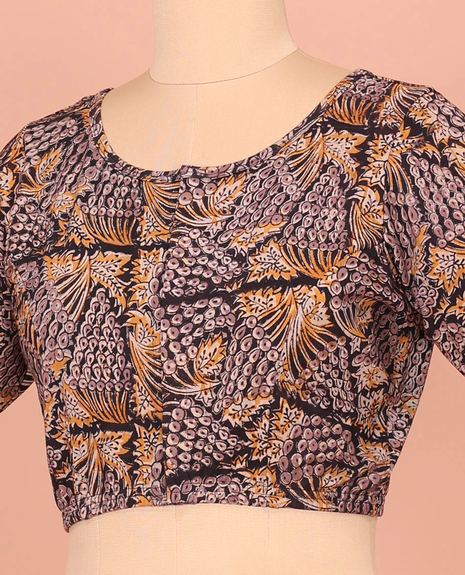 Light Black Cotton Readymade Bedecked with Flora and Geometric Design Print, Featuring a Front Round-Neck, a Back Round Neck, and Elbow Sleeves - Image 2