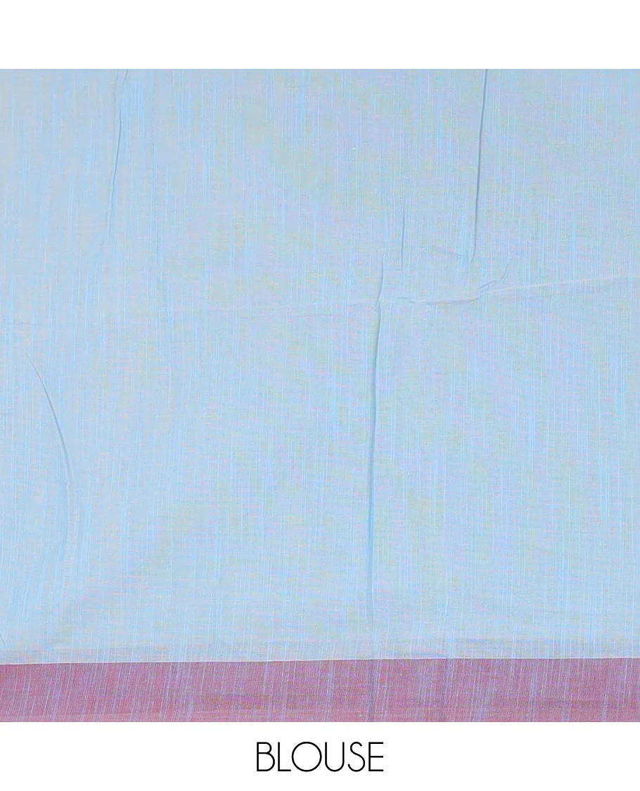 Light blue, and red striped jute cotton saree, striped self-border, and striped pallu - Image 2