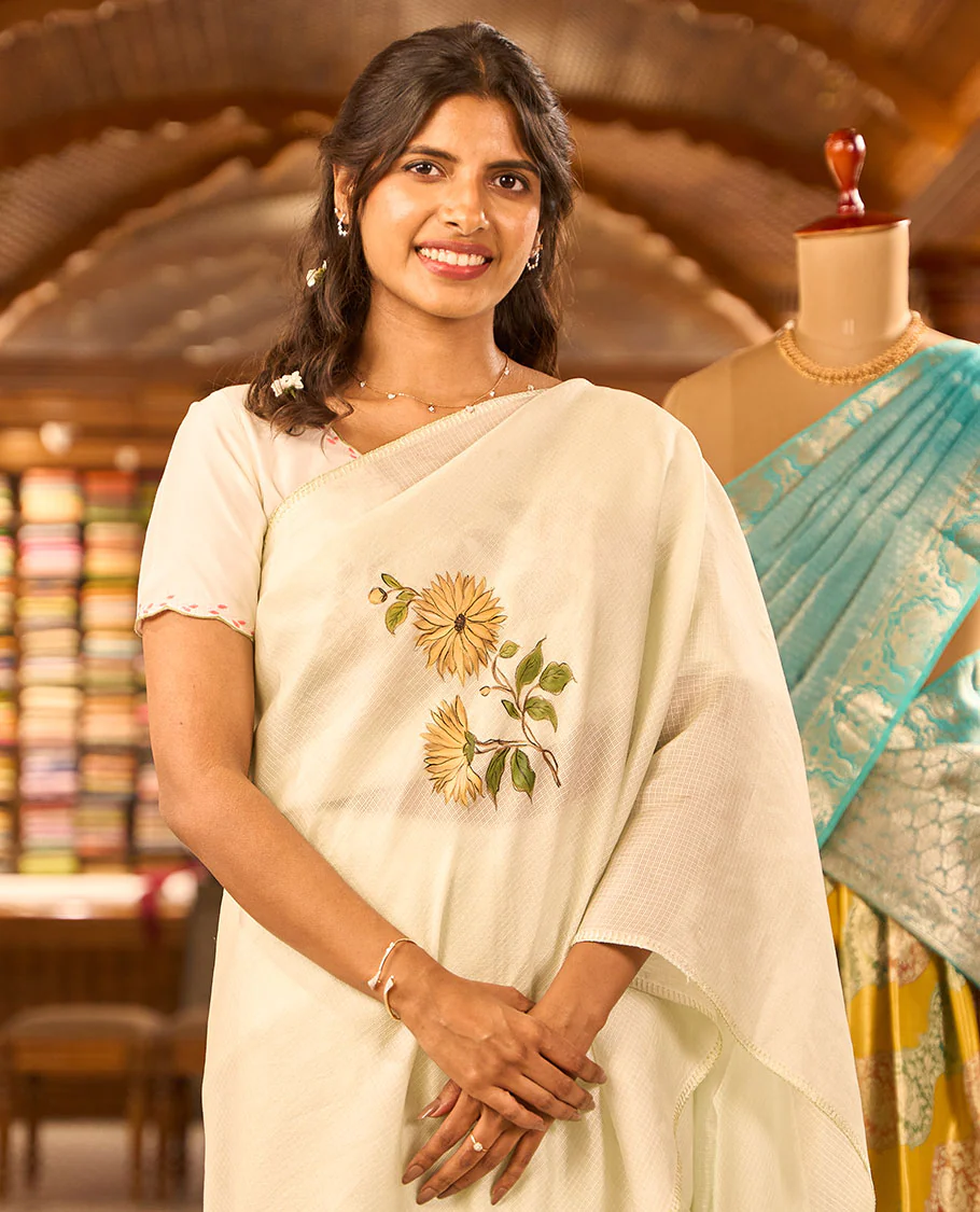 Borderless light blue floral motifs hand-brush painting style printed kota silk saree - Image 2