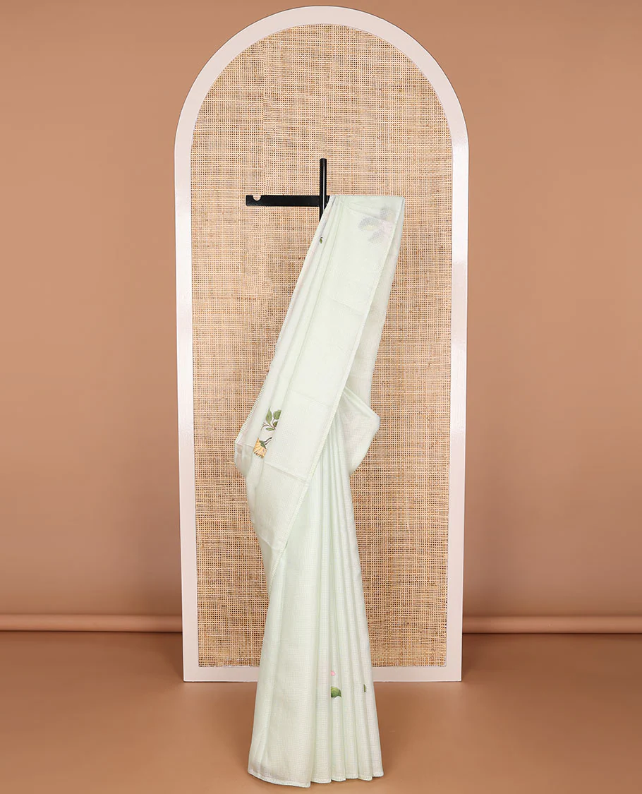 Borderless light blue floral motifs hand-brush painting style printed kota silk saree - Image 4