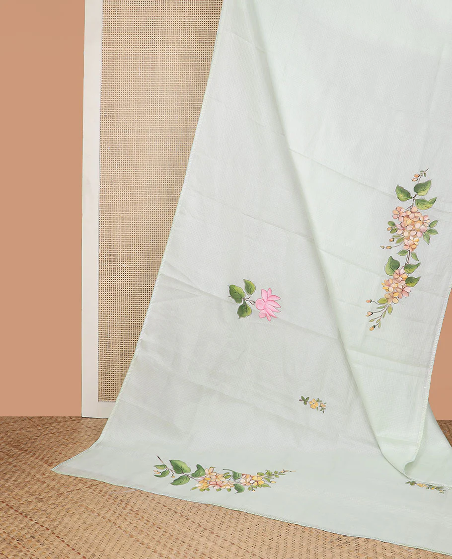 Borderless light blue floral motifs hand-brush painting style printed kota silk saree - Image 5