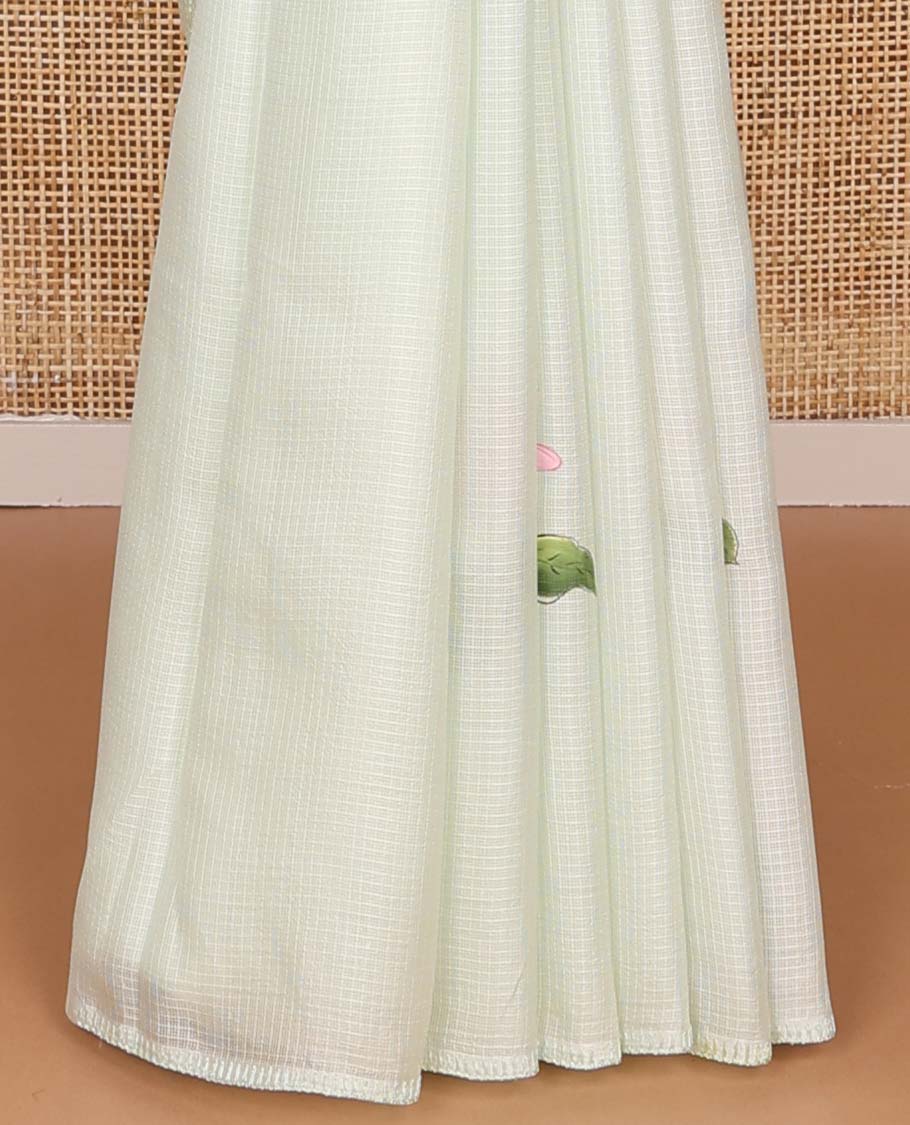 Borderless light blue floral motifs hand-brush painting style printed kota silk saree - Image 7