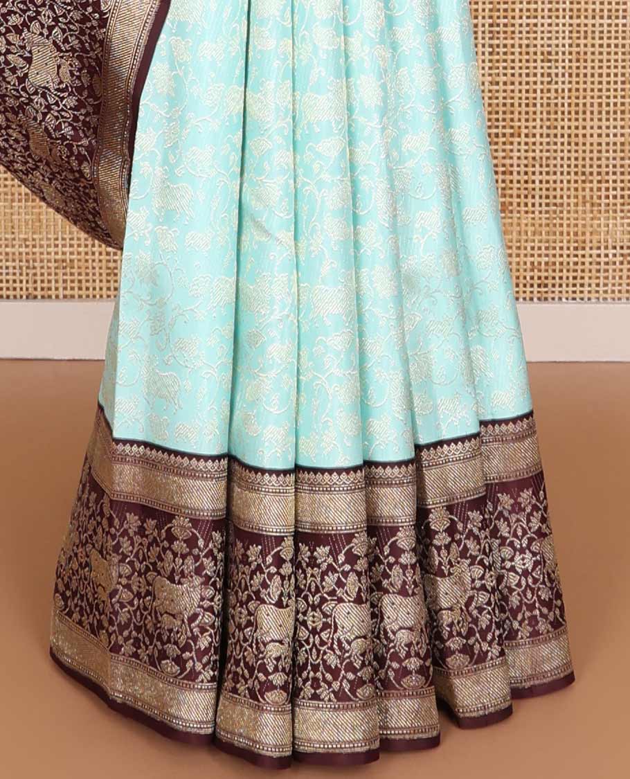 Light blue floral jacquard Samudrika silk saree with contrast zari design border & argyle design pallu - Image 5