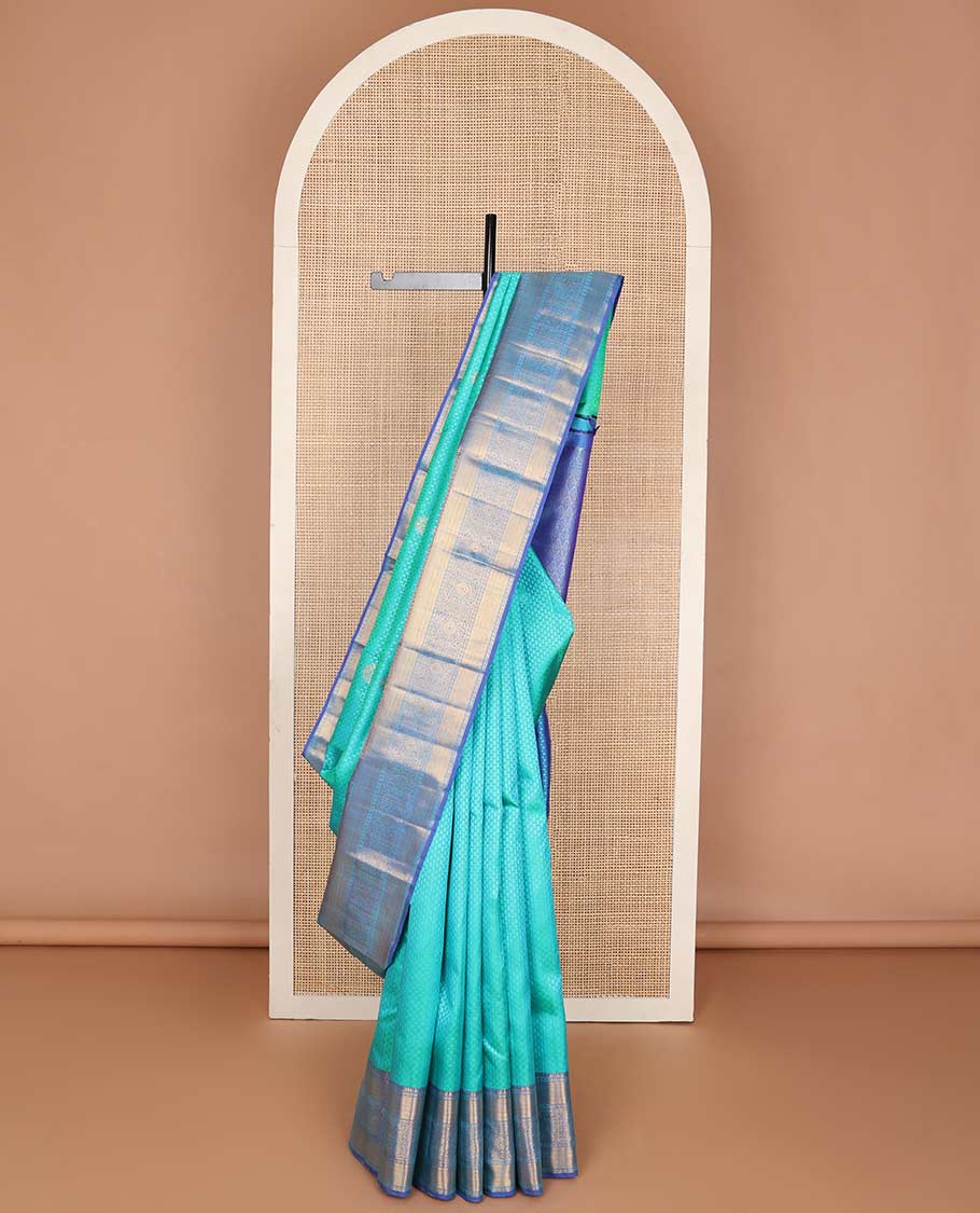 Light blue leaf design Parampara silk saree with contrast rekku, paun, banaras design & floral jaal pallu