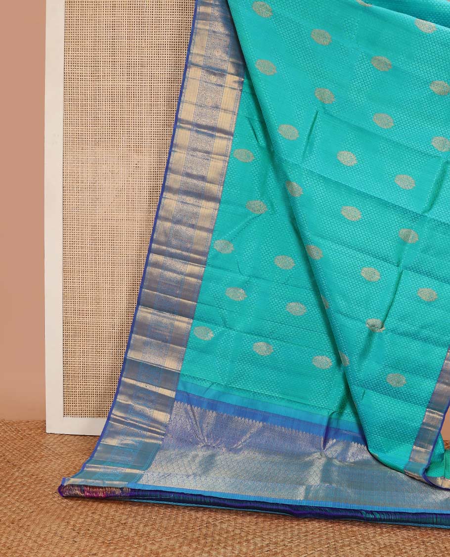 Light blue leaf design Parampara silk saree with contrast rekku, paun, banaras design & floral jaal pallu - Image 3