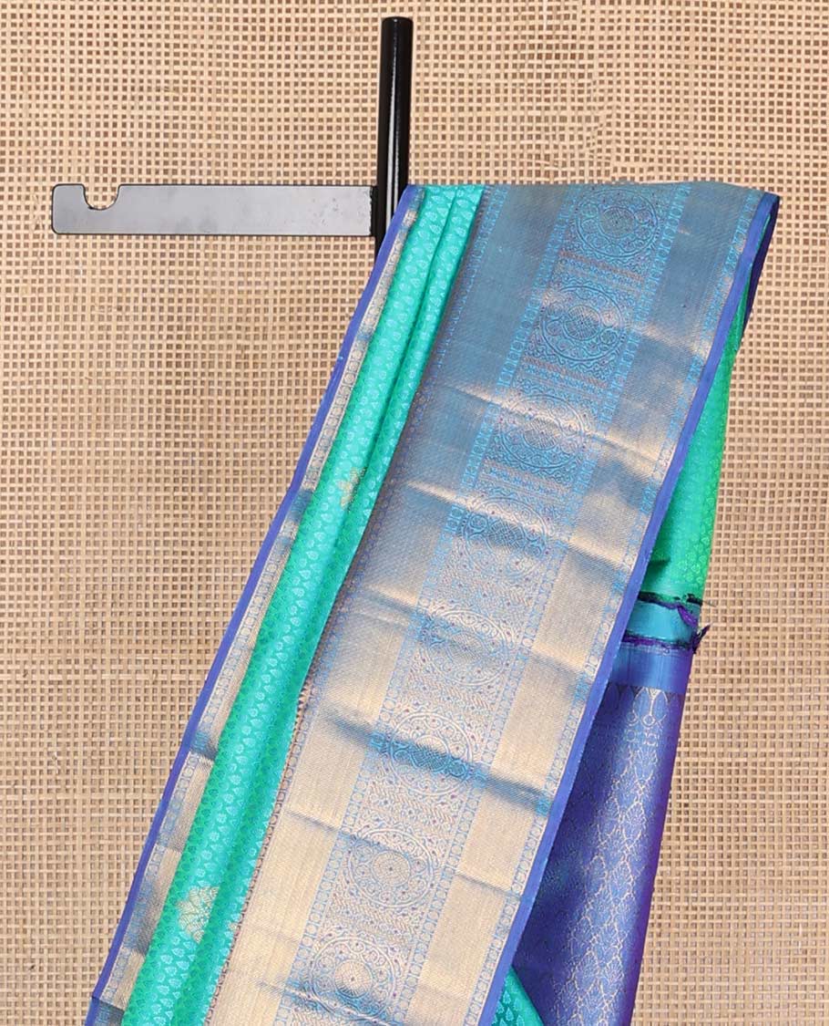 Light blue leaf design Parampara silk saree with contrast rekku, paun, banaras design & floral jaal pallu - Image 4