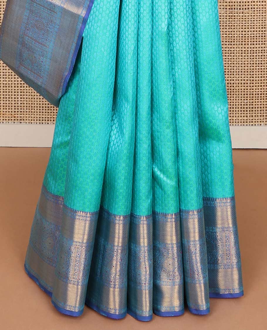 Light blue leaf design Parampara silk saree with contrast rekku, paun, banaras design & floral jaal pallu - Image 5