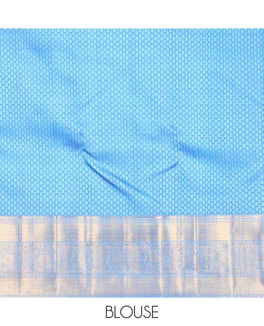 Light blue leaf design Parampara silk saree with contrast rekku, paun, banaras design & floral jaal pallu - Image 6
