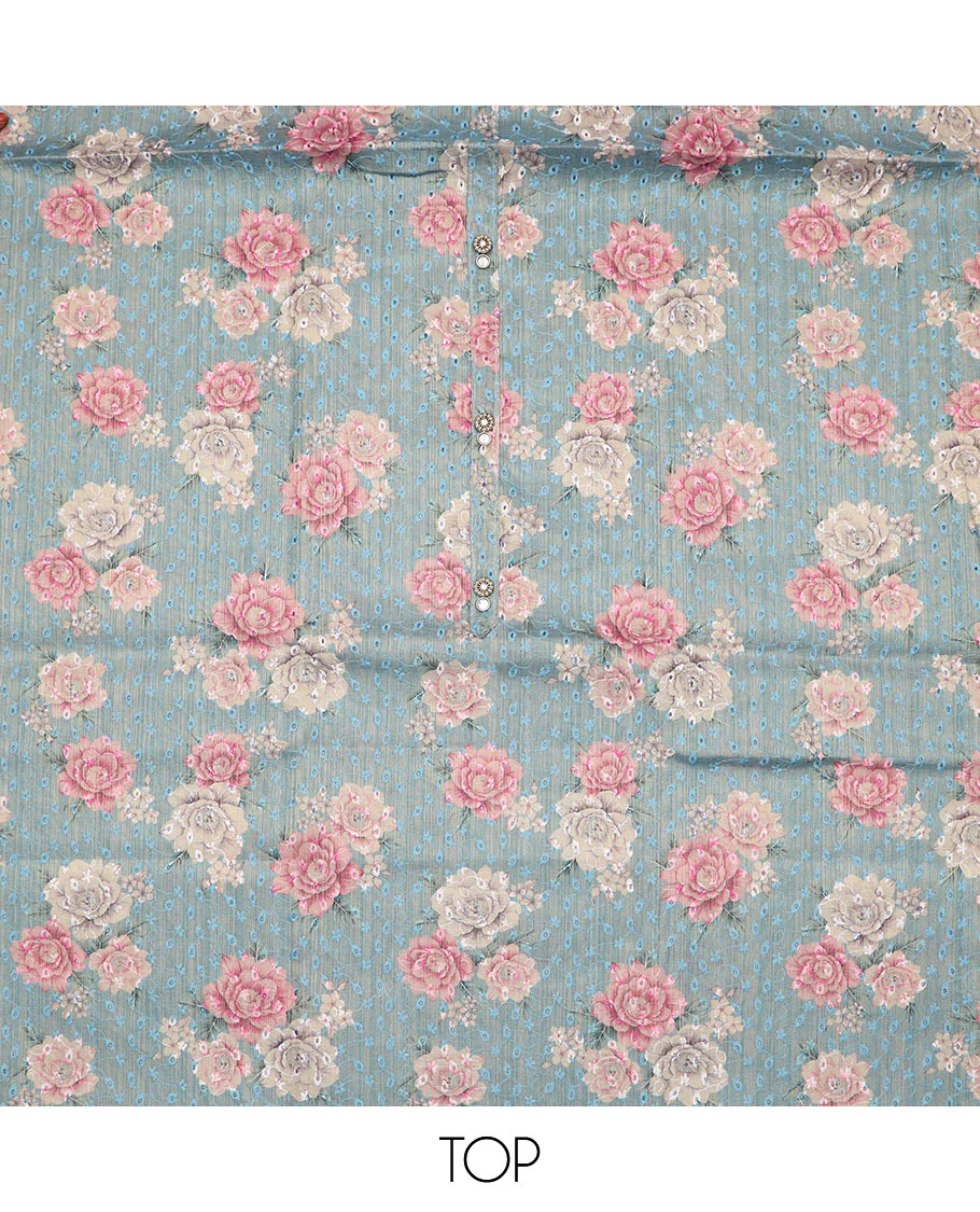 Light blue material chudidar set, rose print with thread embroidered top, contrast bottom and sequins striped dupatta - Image 2