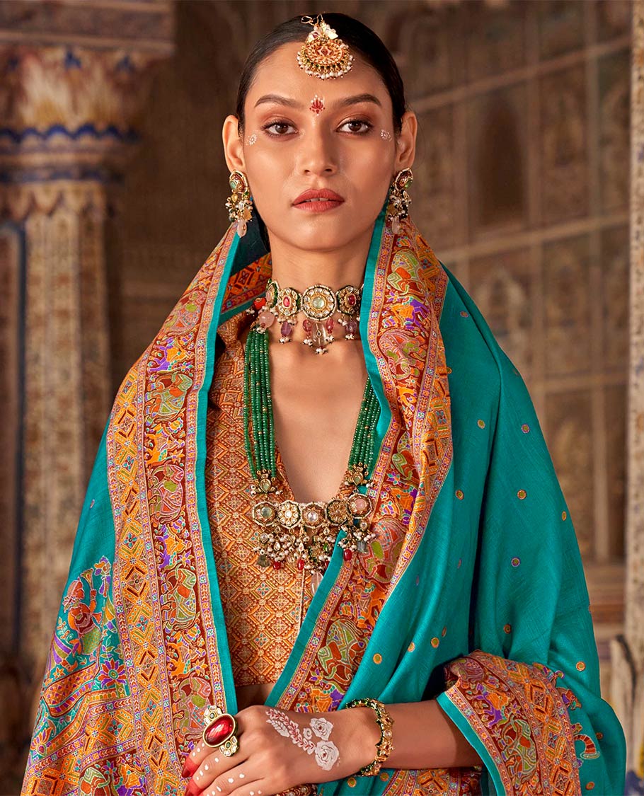 Light blue meena buttas designer catalog saree, contrast meenakari border of human and elephant motifs, and wedding theme meenakari pallu - Image 2