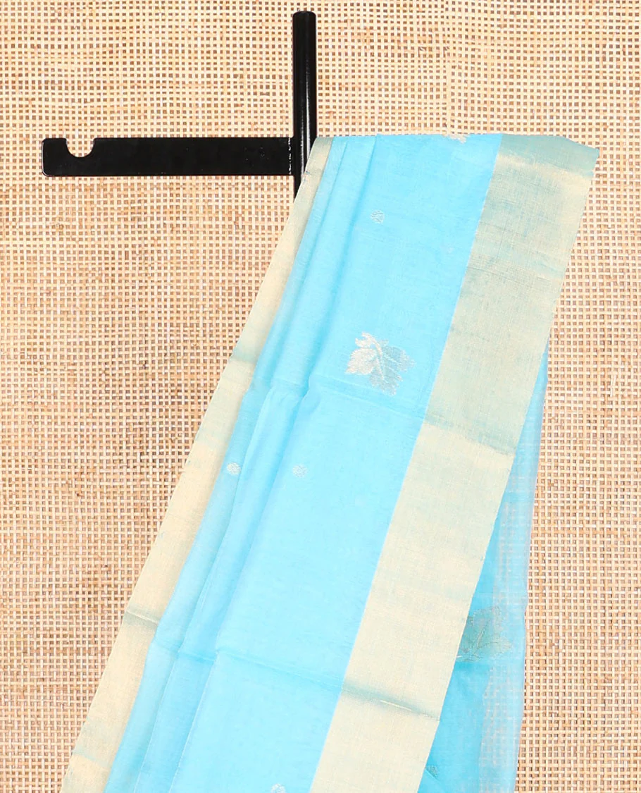 Light blue motifs chanderi cotton saree with contrast zari border & striped pallu - Image 3