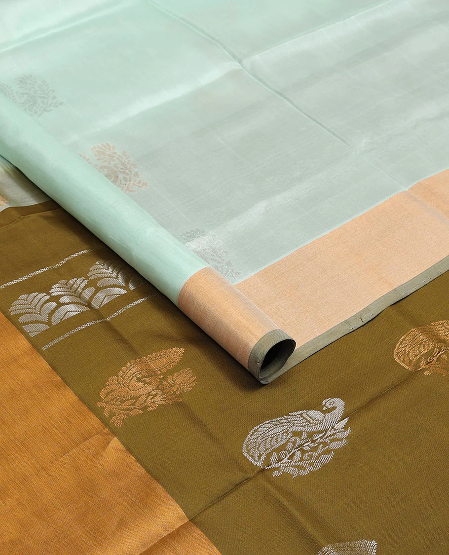 Light blue motifs uppada saree with contrast zari border & floral design pallu - Image 3