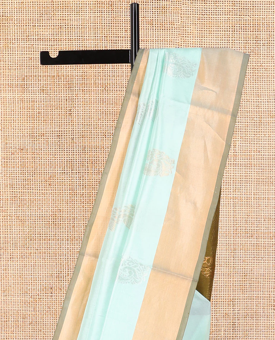 Light blue motifs uppada saree with contrast zari border & floral design pallu - Image 4