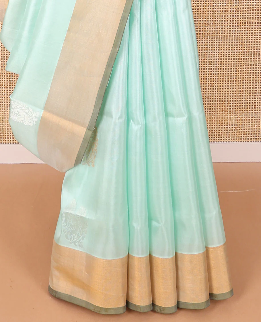 Light blue motifs uppada saree with contrast zari border & floral design pallu - Image 5