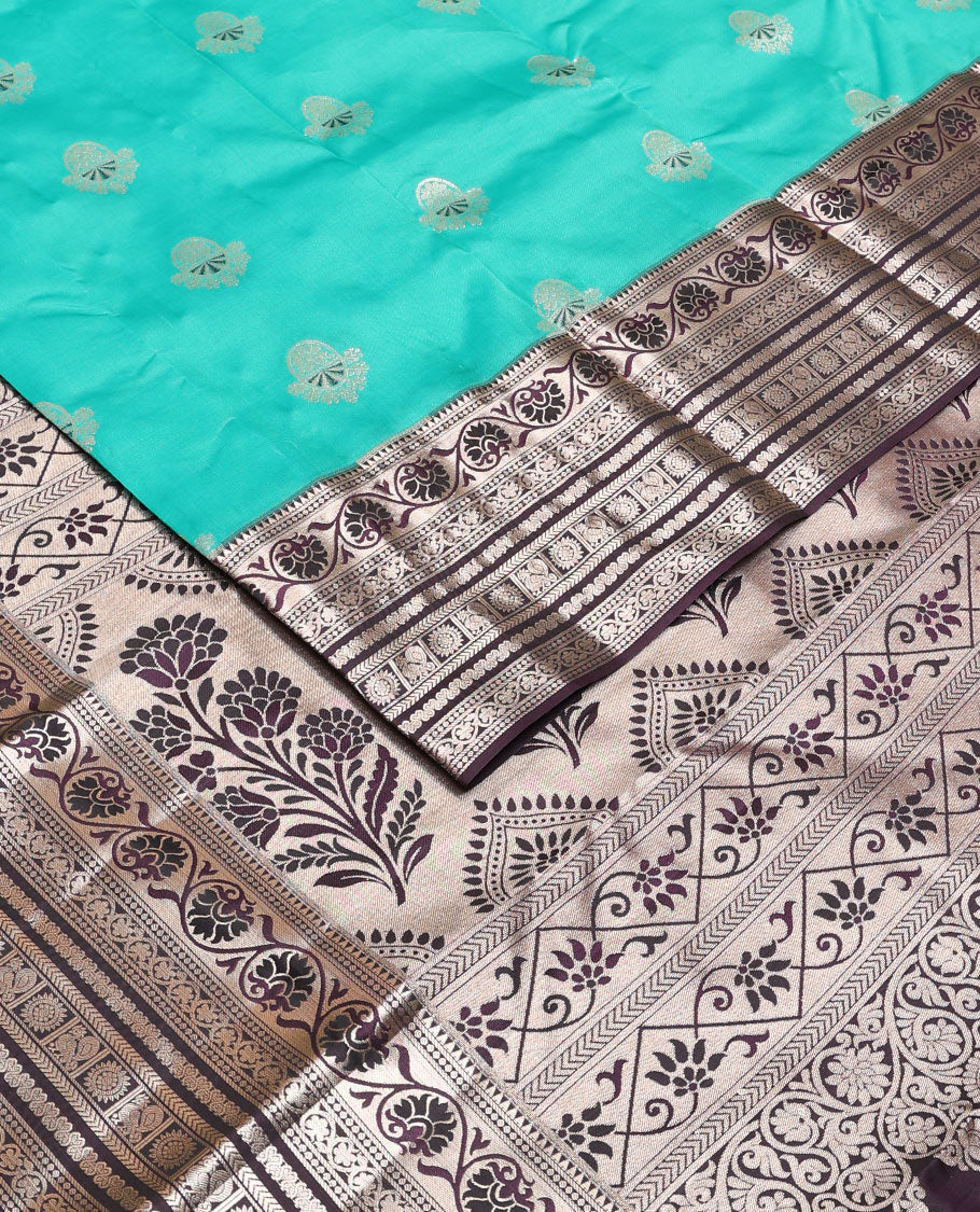 Light blue zari buttas Vasundhara Lite Silk Mix Saree, contrast temple border of kodi visiry, kathir & Annam chakram & intricate pallu - Image 2