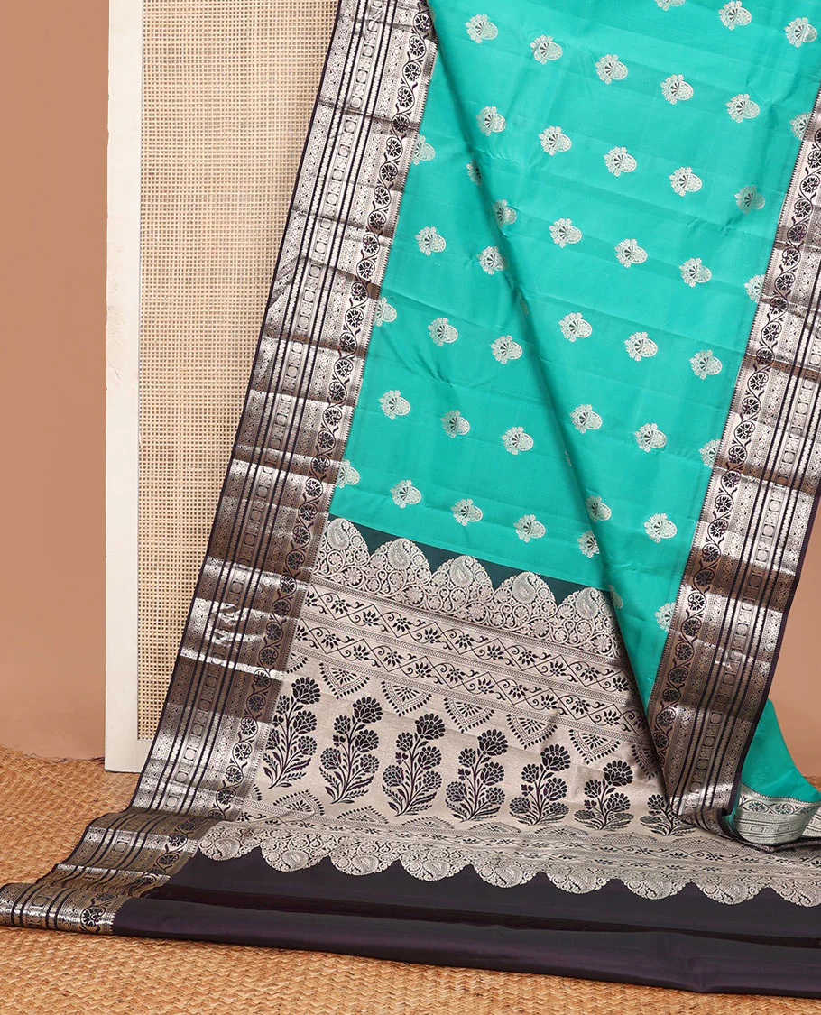 Light blue zari buttas Vasundhara Lite Silk Mix Saree, contrast temple border of kodi visiry, kathir & Annam chakram & intricate pallu - Image 3