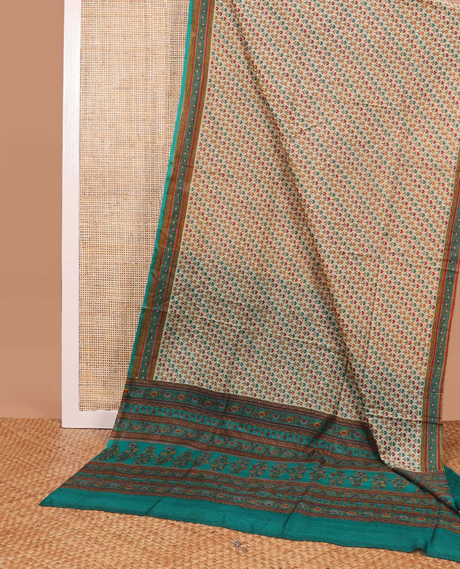 Light brown brown leaf design printed silk saree with contrast intricate design border & floral design pallu - Image 2