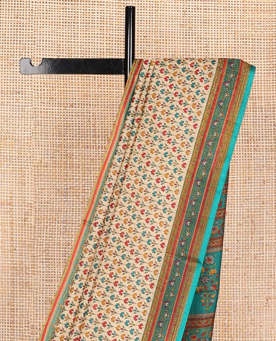 Light brown brown leaf design printed silk saree with contrast intricate design border & floral design pallu - Image 3