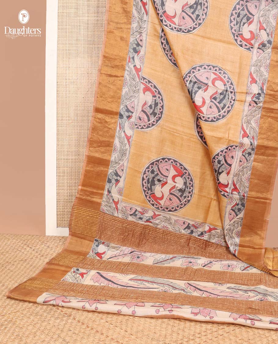 Light brown fish design tussar saree with contrast border & striped, fish design pallu - Image 3