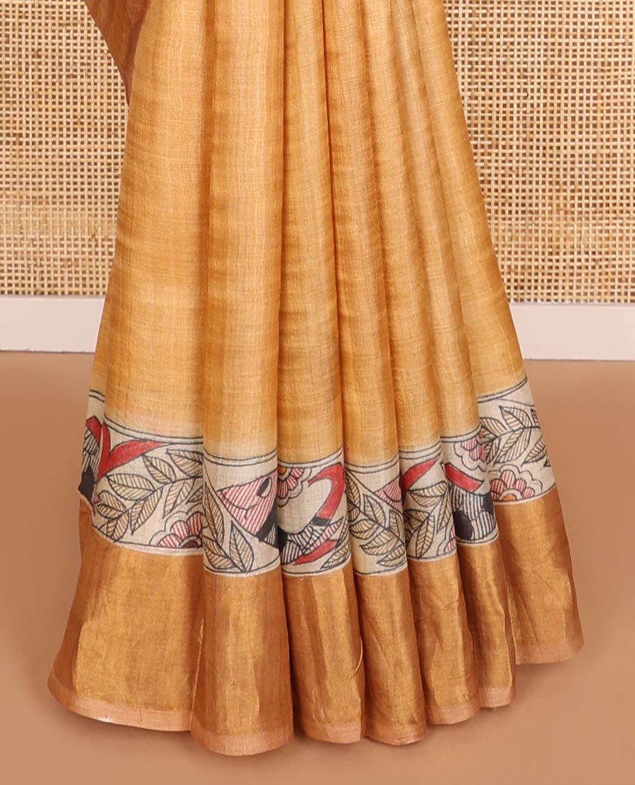 Light brown fish design tussar saree with contrast border & striped, fish design pallu - Image 5