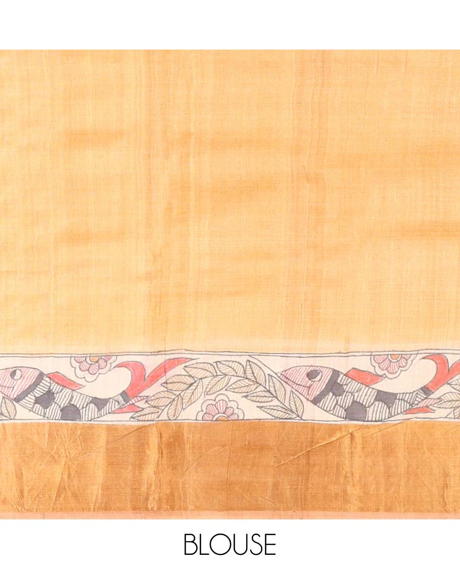 Light brown fish design tussar saree with contrast border & striped, fish design pallu - Image 6