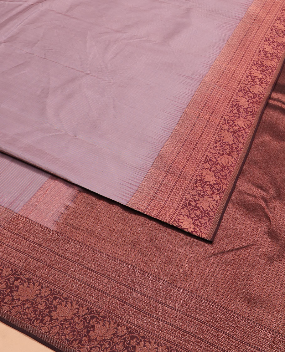 Light brown plain Vasundhara silk saree, contrast border of rekku, muthu, neli, and kodi visiry designs, and jaal pallu - Image 2