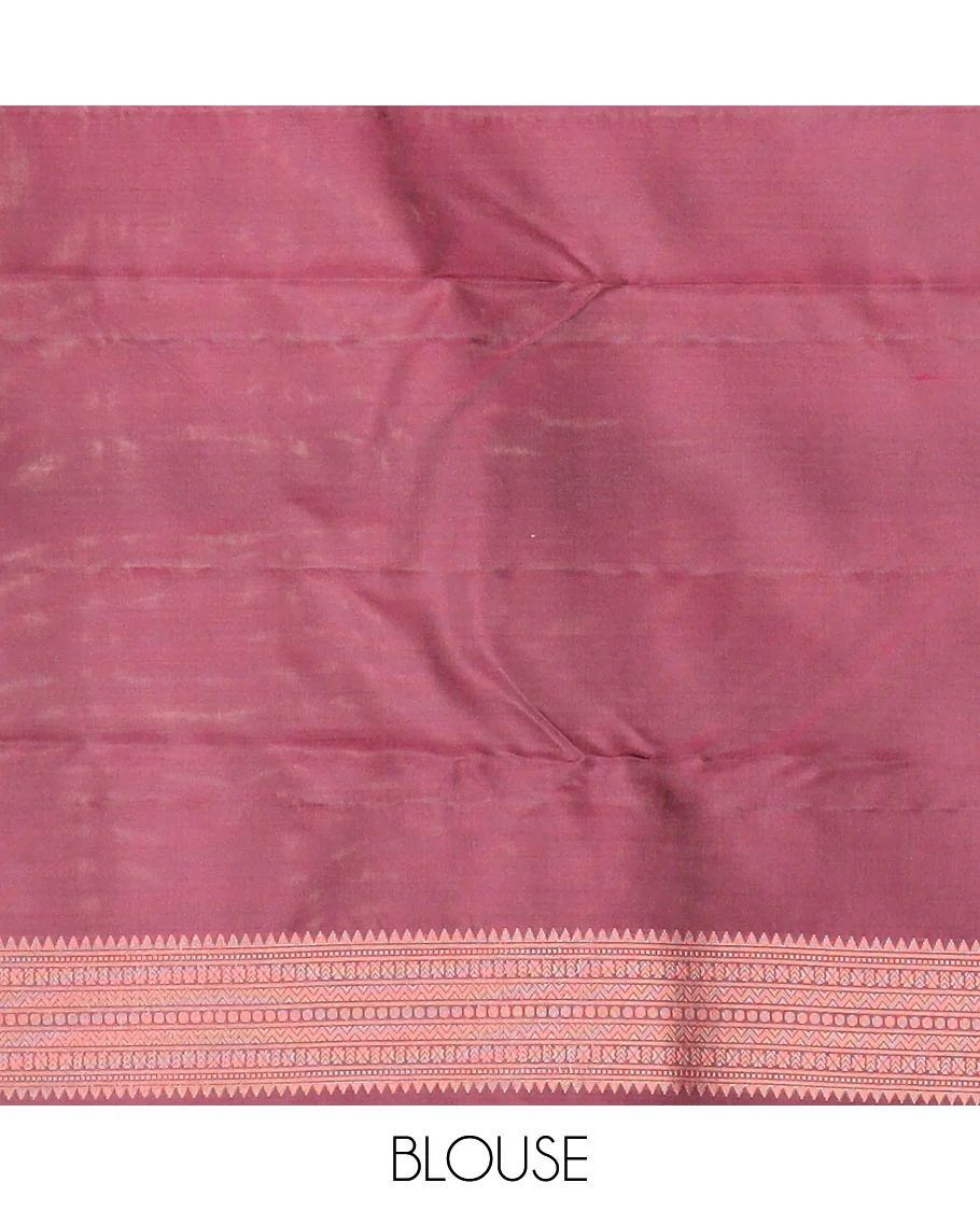 Light brown plain Vasundhara silk saree, contrast border of rekku, muthu, neli, and kodi visiry designs, and jaal pallu - Image 6