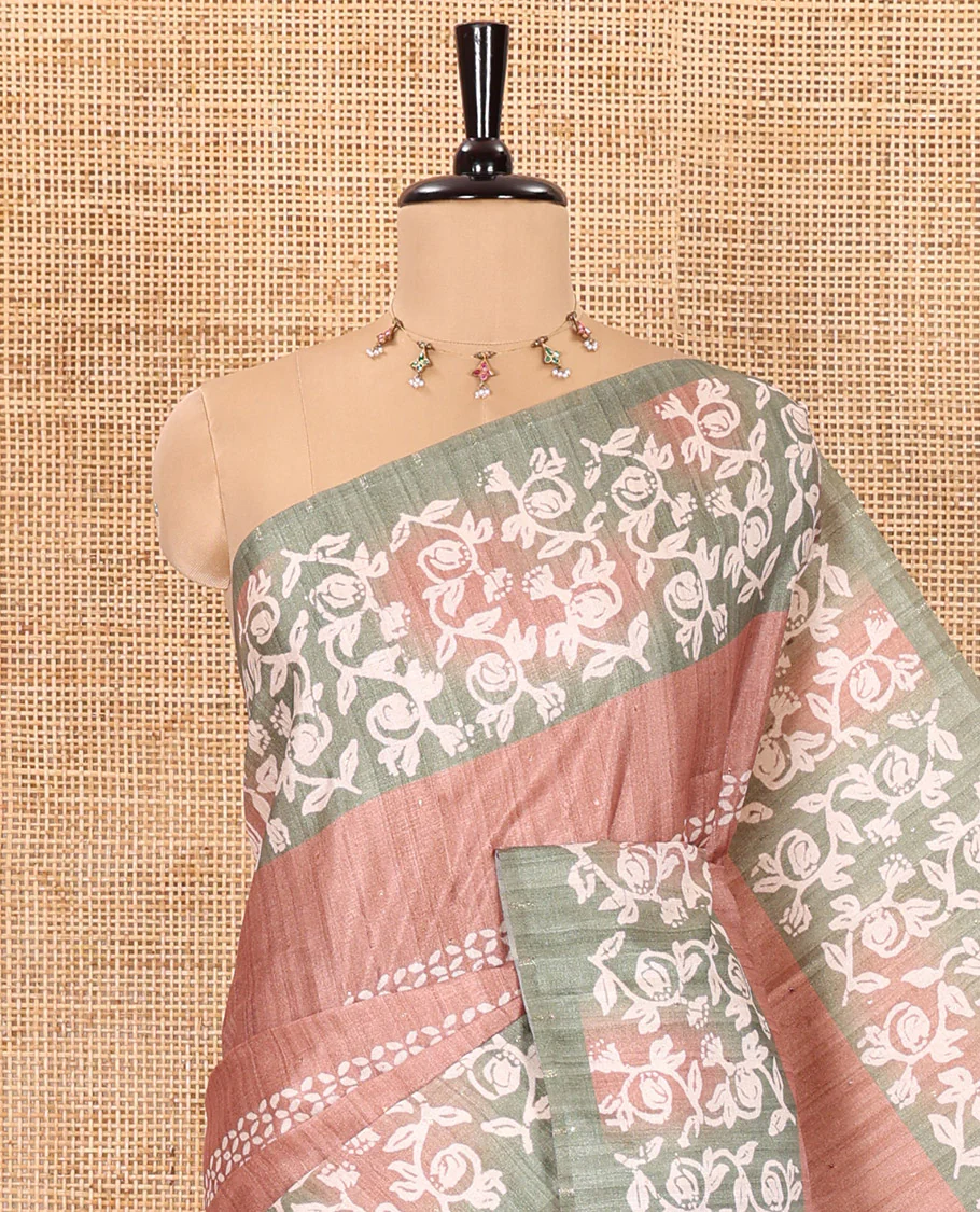 Light brown sparkling dots and batik printed semi-tussar saree, contrast batik printed floral vine border, printed pallu, and a contrast printed blouse - Image 2