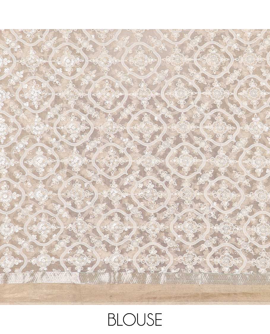 Light brown striped organza saree with self floral embroidery, scallop border - Image 5
