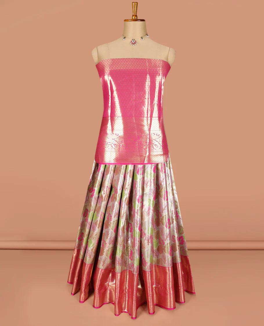 Light Gold-Base Art Silk Material Half Saree Set Featuring Meenakari Leaf Jacquard Skirt, a Contrast Traditional Zari-Designed Steeped Border, a Zari Jacquard Blouse, and a Dhavani Sparked with Zari Designs - Image 2