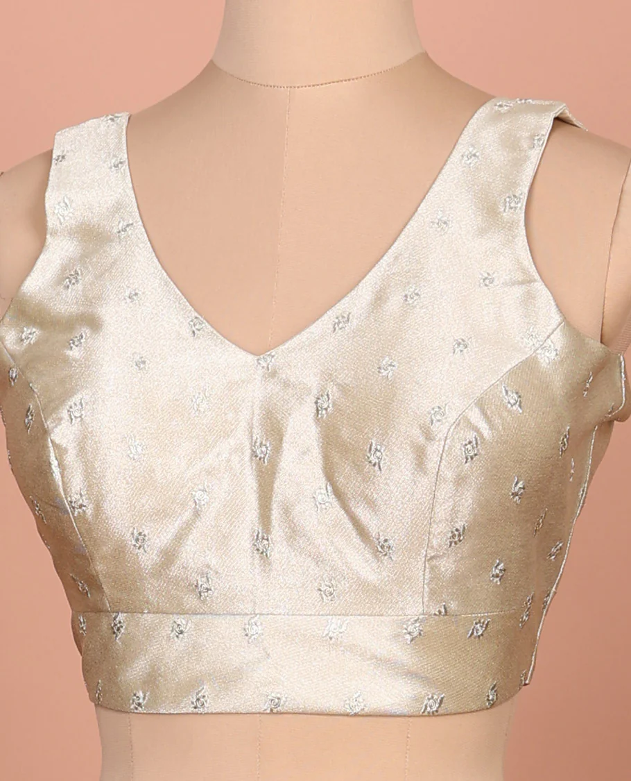 Light gold embroidered buttas front-back V-neck sleeveless readymade blouse - Image 2